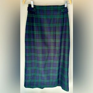 Talbots Petites Green Plaid Tartan  Pencil Size:8 P Wool Skirt Side Button Decor